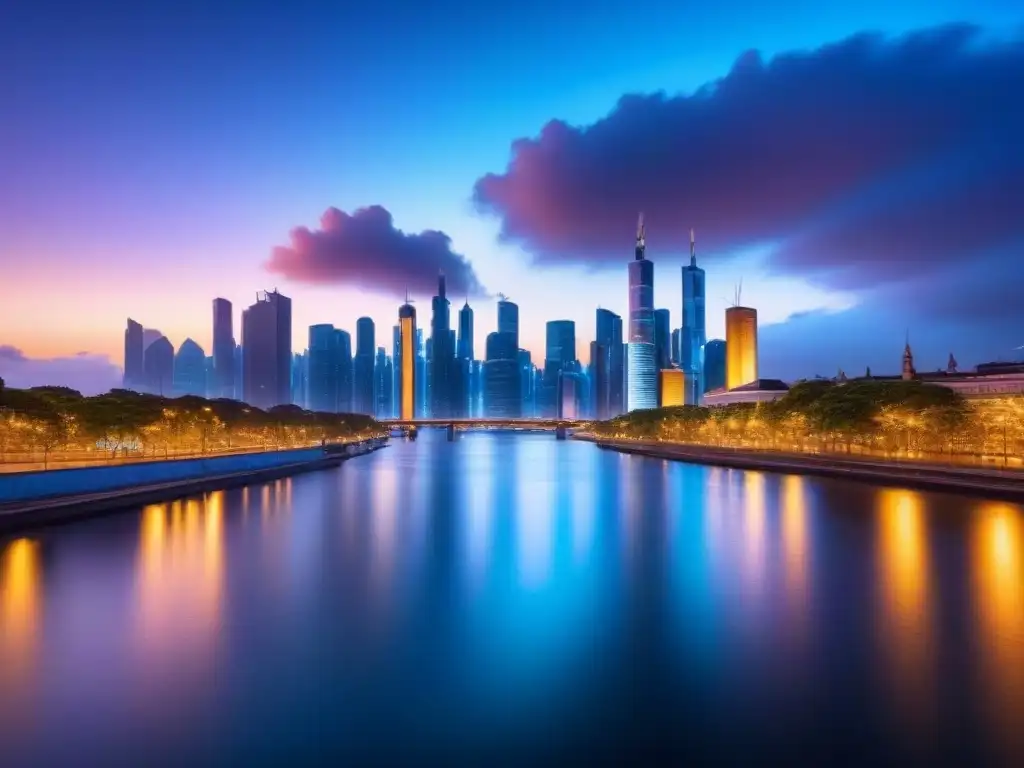 Horizonte urbano futurista: rascacielos de vidrio y luces en río Un skyline futurista al anochecer con rascacielos relucientes y luces de ciudad, reflejadas en un río tranquilo