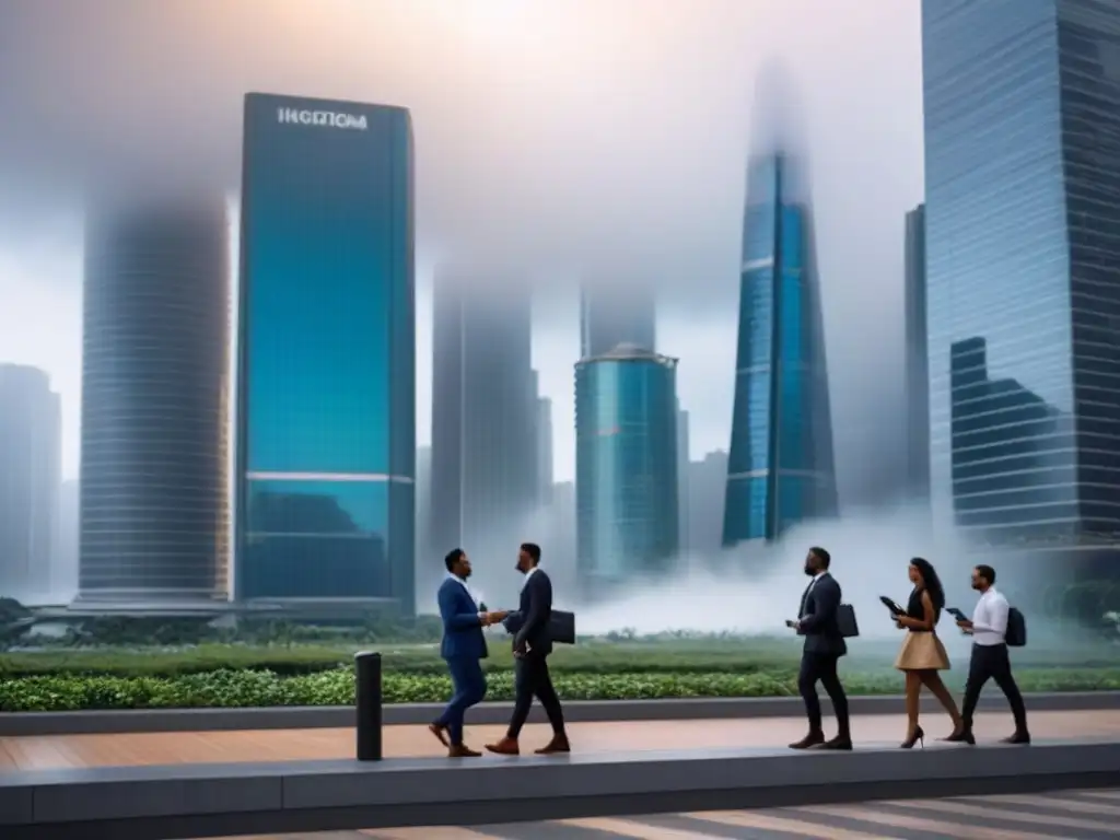 Skyline urbano moderno: diversidad y negocios en América Latina Skyline moderno con edificios altos y calles concurridas, reflejando el impacto político en el mercado inmobiliario en América del Sur y el Caribe