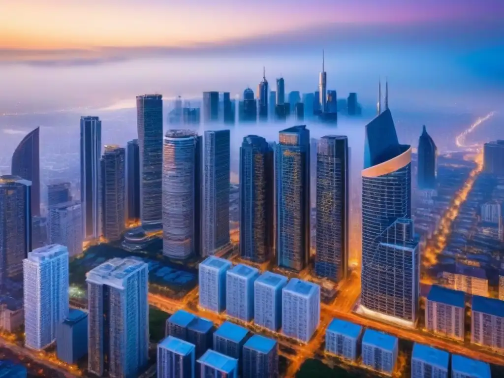 Panorama urbano al atardecer: mercado inmobiliario vibrante Skyline urbano al atardecer, reflejando rentabilidad en bienes raíces