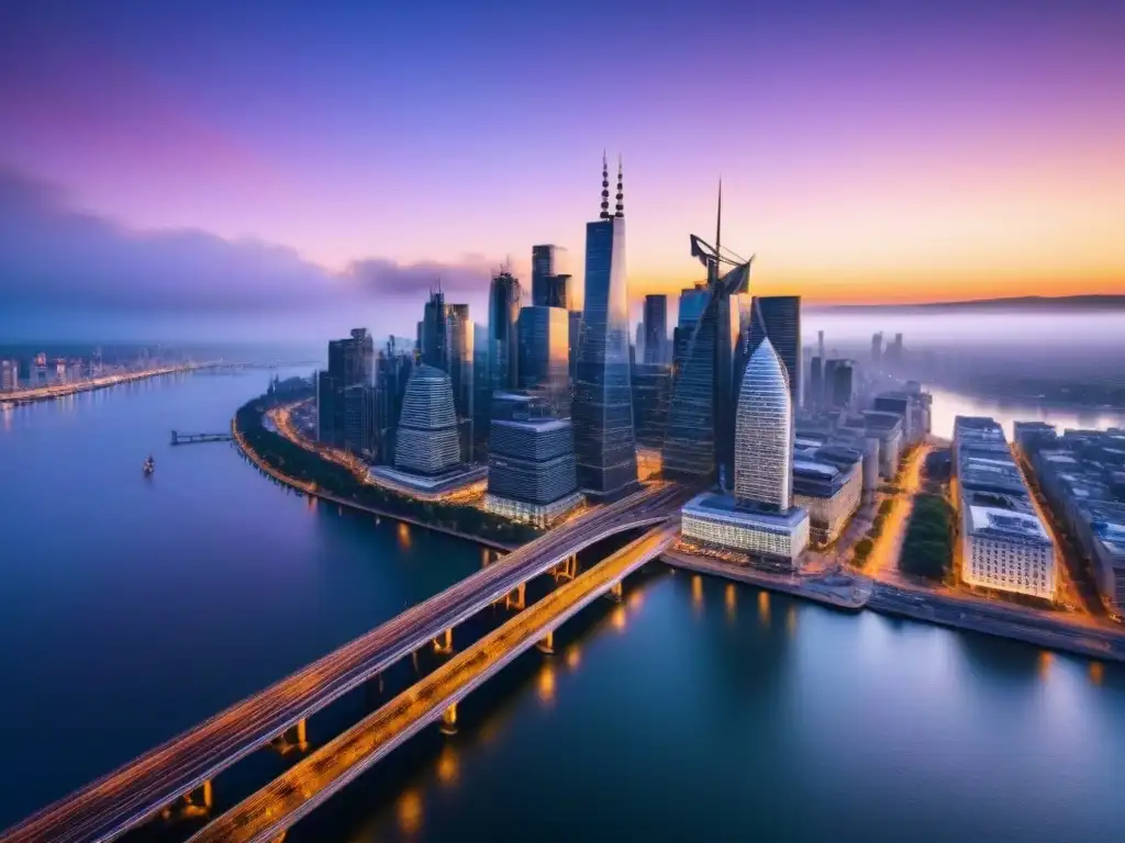 Horizonte urbano al anochecer: arquitectura moderna y tecnología en armonía El skyline urbano iluminado al atardecer refleja el impacto del teletrabajo en inmobiliaria
