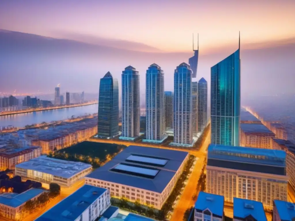 Espectacular diversidad arquitectónica en la ciudad al atardecer Skyline urbano de lujo al anochecer con innovadores edificios de diseño