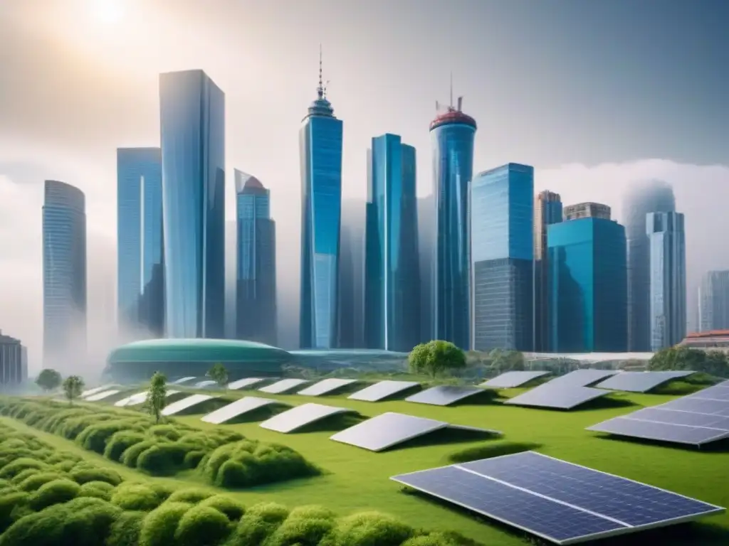 Skyline verde del futuro: colaboración sostenible Un skyline urbano moderno con edificios verdes futuristas, incluyendo elementos sostenibles