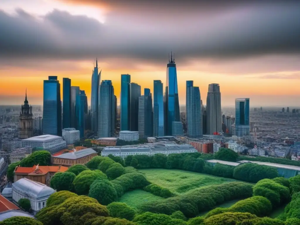 Skyline urbano: evolución dinámica de la arquitectura moderna y tradicional Skyline urbano con rascacielos modernos y edificios históricos, reflejando estrategias de monetización inmobiliaria
