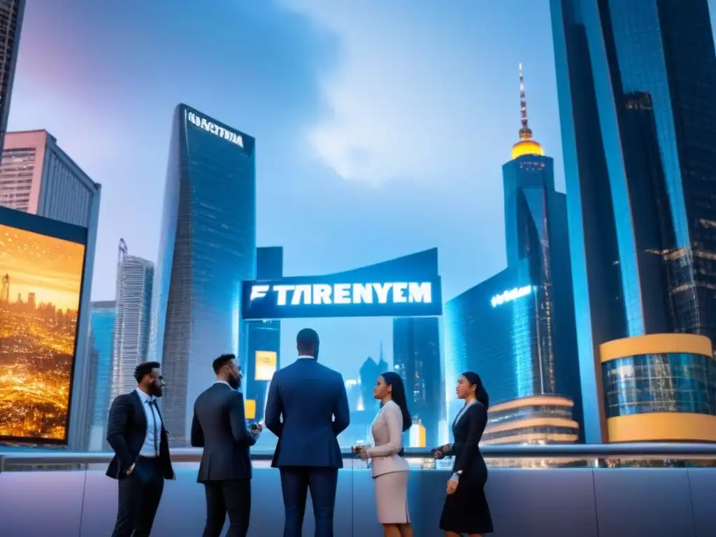 Sobresaliente ciudad futurista con rascacielos de vidrio y acero, reflejando luces nocturnas