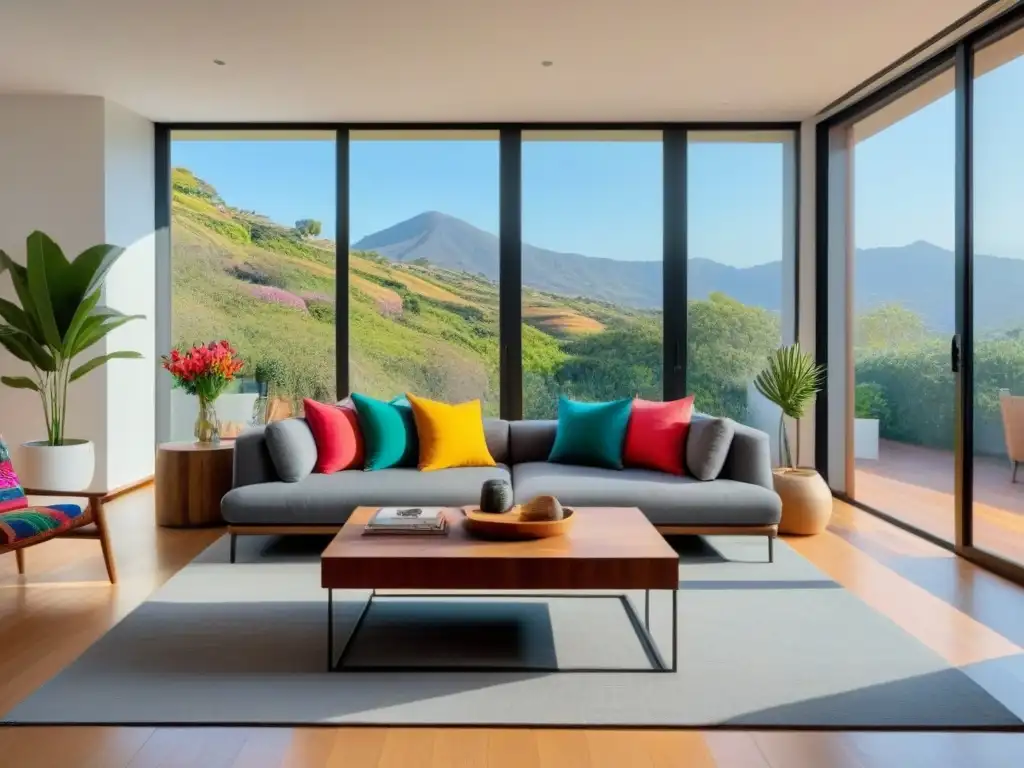 Sala de estar moderna en México: acogedora y luminosa Sofisticada sala en casa mexicana con home staging en México técnicas: sofá gris, cojines coloridos, mesa de madera, flores frescas y libros de arte