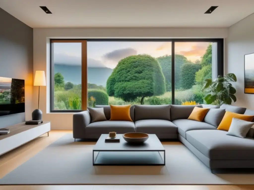 Sala de estar moderna con vistas a jardín exuberante Sofisticada sala de estar con muebles elegantes y vista a jardín exuberante