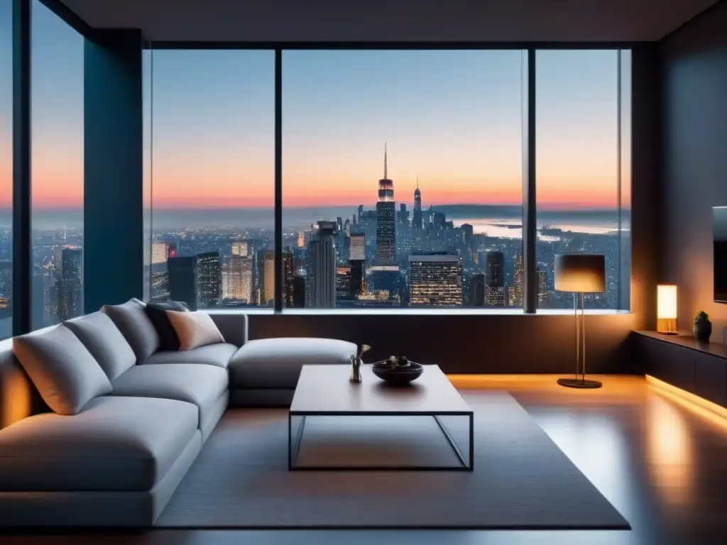 Salón moderno con ventana panorámica nocturna en la ciudad Sofisticado equilibrio de diseño moderno y espacios en un salón minimalista con ventana panorámica nocturna
