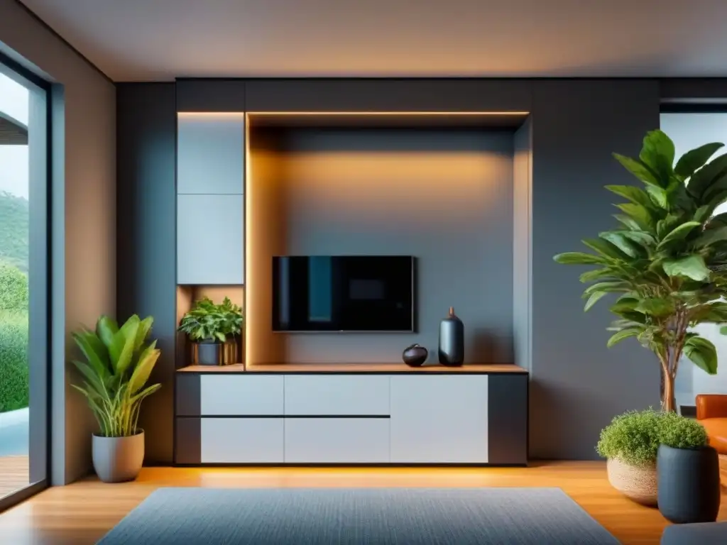 Unidad de almacenamiento futurista y minimalista en sala contemporánea Soluciones innovadoras en diseño de almacenamiento: unidad elegante y futurista con compartimentos ocultos y estilo minimalista en sala contemporánea