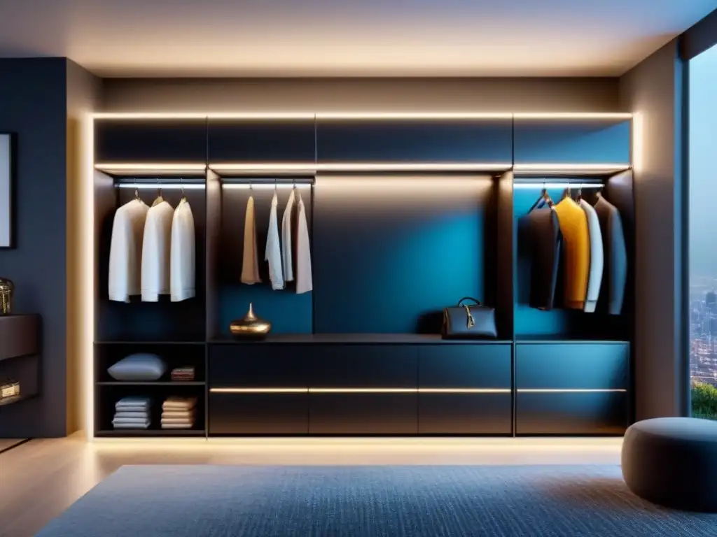 Unidad de almacenamiento futurista con tecnología inteligente integrada Soluciones innovadoras en diseño de almacenamiento con materiales de vidrio y metal, iluminación LED suave y elegante