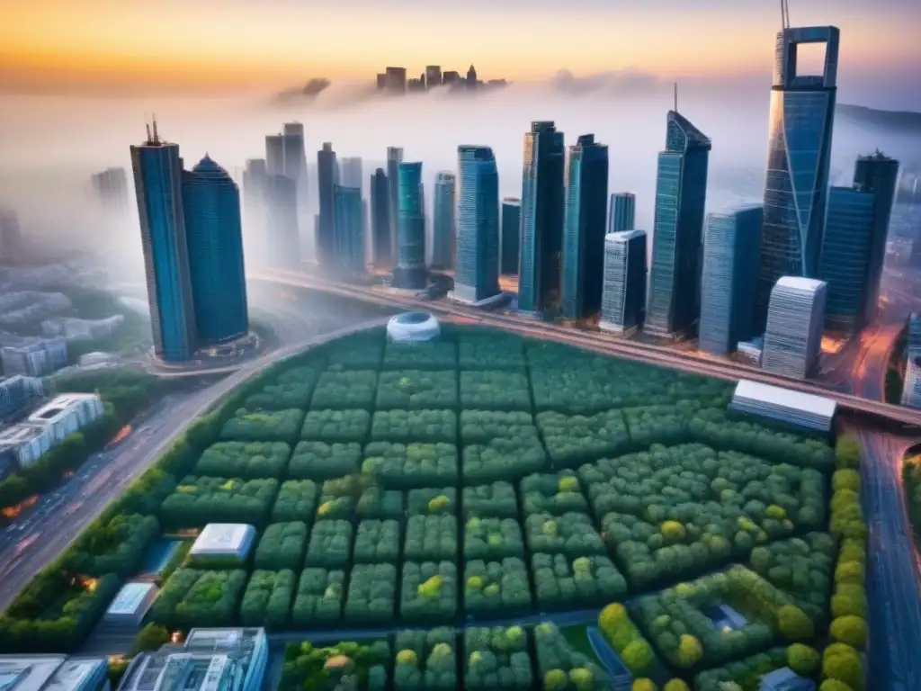 Vista aérea de una ciudad sostenible al atardecer Soluciones sostenibles para el crecimiento urbano: Ciudad moderna con rascacielos ecológicos y transporte público eficiente