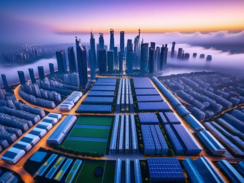Metrópolis futurista sostenible: arquitectura eco en entorno urbano Sostenibilidad en desarrollos urbanos: Ciudad futurista con rascacielos verdes, transporte público hightech y arquitectura sostenible