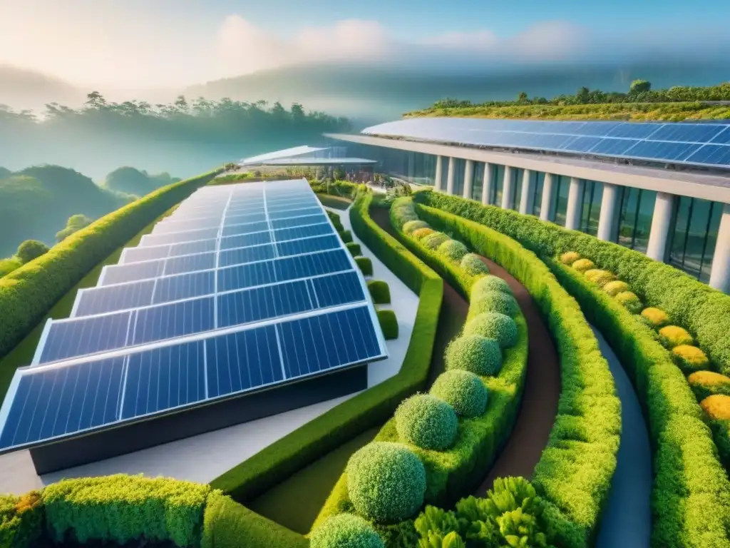 Centro comercial futurista con techo verde y paneles solares Inversión sostenible en centros comerciales: Centro comercial futurista con techo verde rodeado de jardines, paneles solares y tiendas animadas