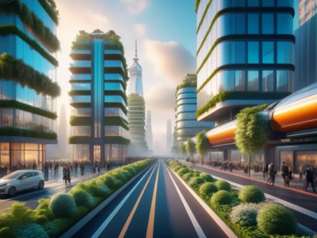 Metrópolis futurista sostenible: edificios verdes y transporte eco-amigable Inversión sostenible en REITs: Ciudad futurista y ecológica con edificios verdes, paneles solares y turbinas eólicas