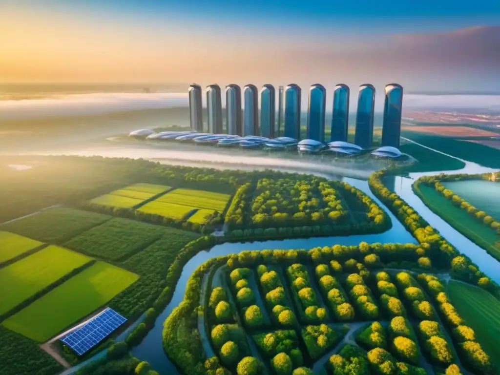 Metrópolis eco-sostenible: arquitectura futurista y naturaleza en armonía Inversión sostenible en REITs: Ciudad futurista con edificios ecofriendly, paneles solares y turbinas eólicas, bajo la cálida luz del atardecer