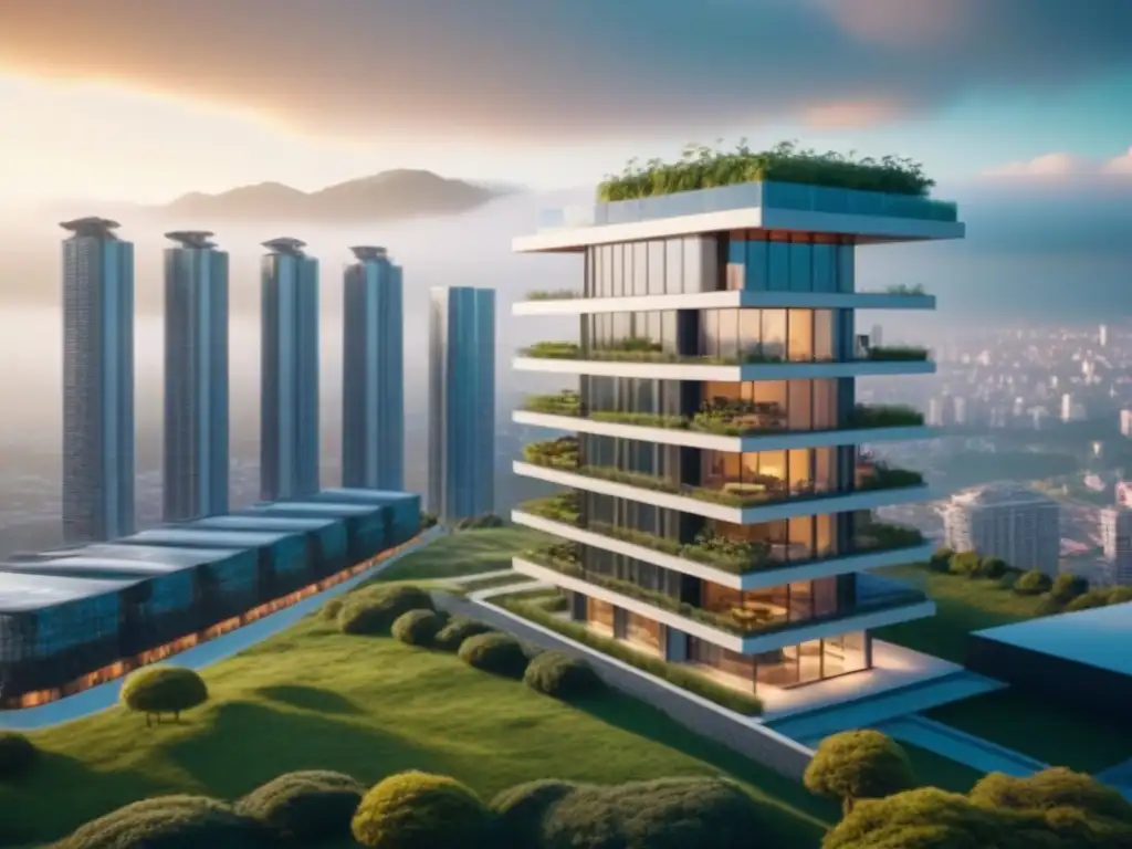 Edificio sostenible: diseño innovador en la ciudad Construcción sostenible en la ciudad: diseño moderno con techos verdes, paneles solares y eficiente gestión de agua