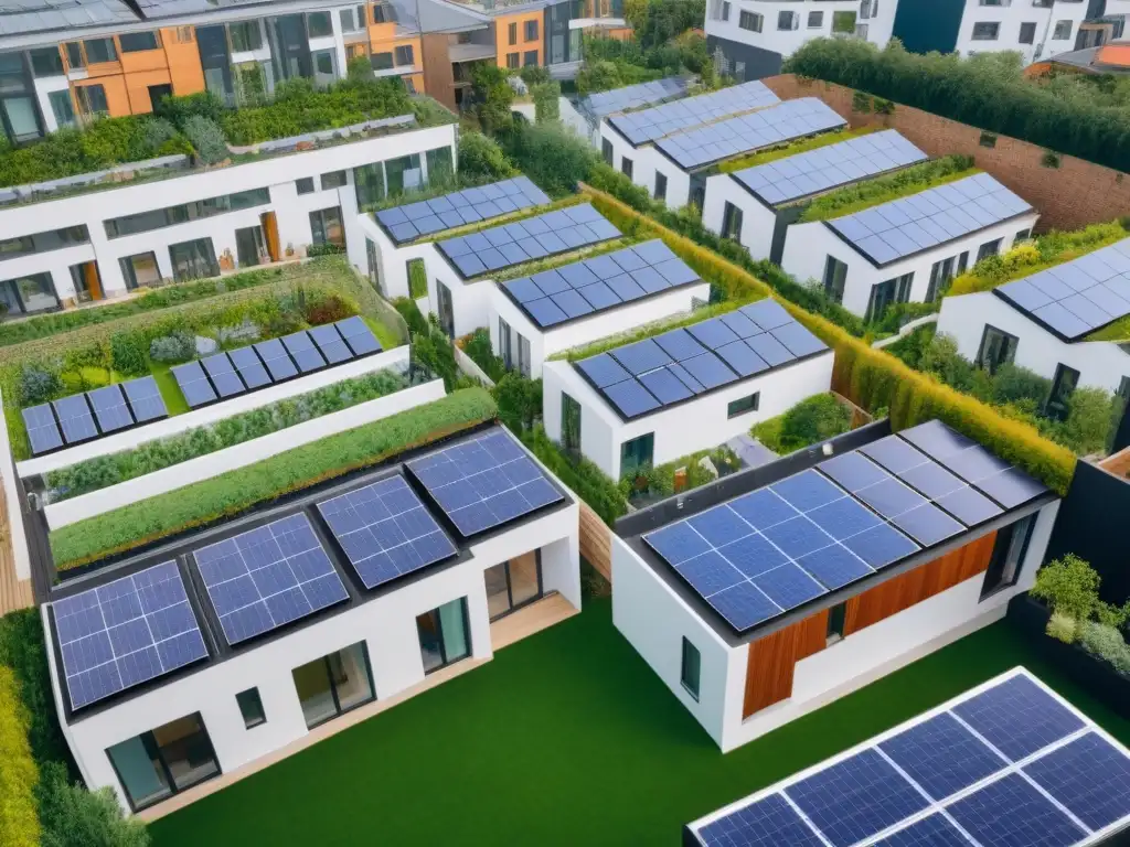 Comunidad sostenible: armonía y colaboración en coliving moderno Invertir en coliving sostenible: Comunidad ecoamigable con espacios verdes, paneles solares, actividades grupales y arquitectura moderna