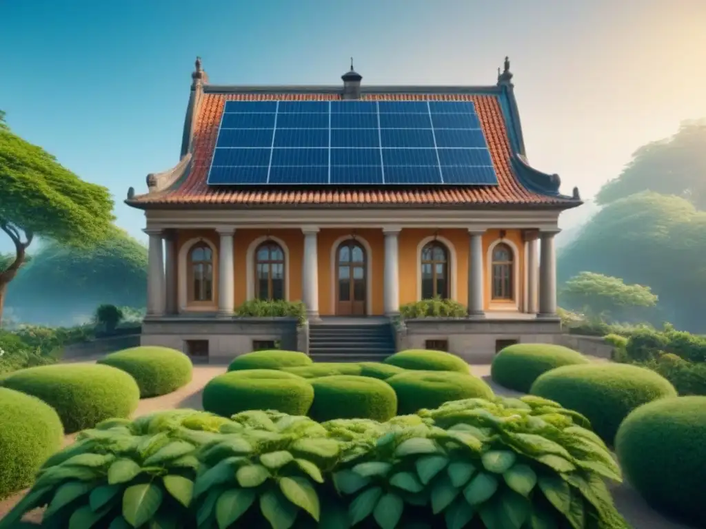 Arquitectura histórica sostenible en armonía con la naturaleza Construcción sostenible para conservación: Edificio histórico con elementos ecoamigables en entorno natural