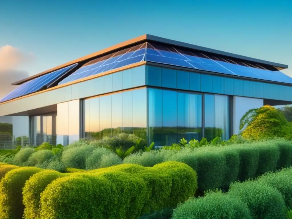 Edificio sostenible: armonía con la naturaleza Construcción sostenible para conservación: Edificio moderno con paneles solares, rodeado de vegetación y cielo azul
