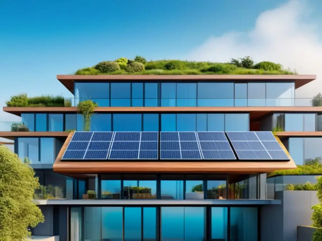 Edificio sustentable: diseño moderno con paneles solares integrados Construcción sostenible para conservación: Edificio moderno con paneles solares integrados, rodeado de vegetación y cielo azul