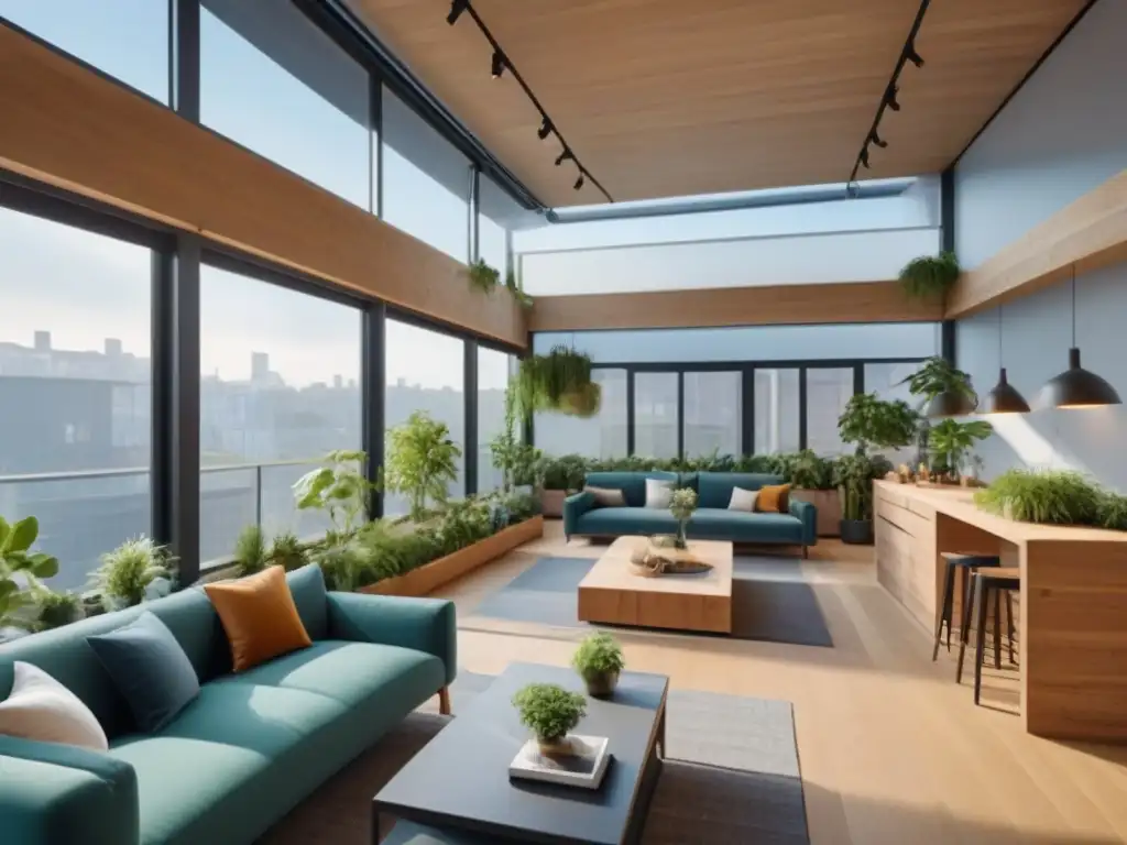 Coliving sostenible: comunidad ecoconsciente y diseño contemporáneo Invierte en coliving sostenible: Espacio comunitario moderno con elementos eco, residentes variados y actividades colaborativas