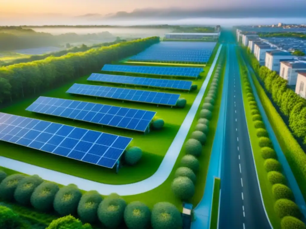 Urbanismo sostenible: armonía entre modernidad y naturaleza Urbanización sostenible con espacios verdes, paneles solares, ciclovías y arquitectura moderna en armonía con la naturaleza