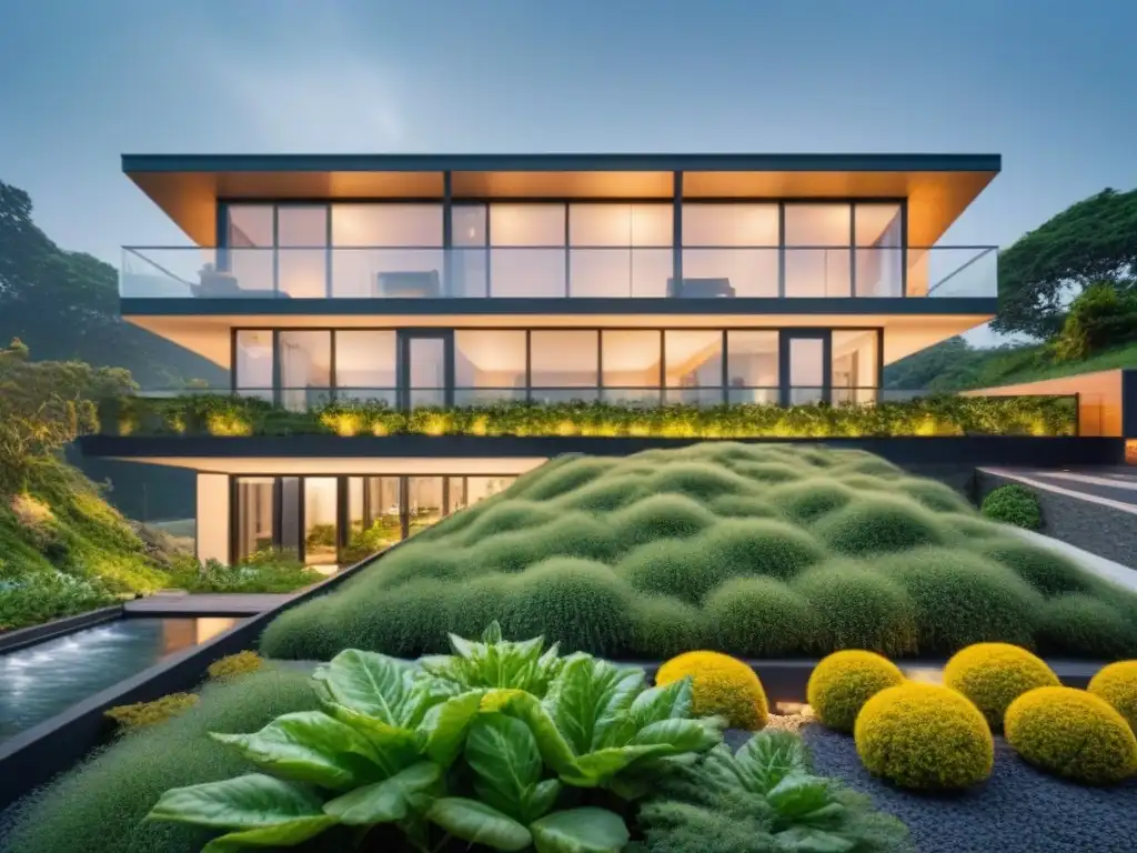 Edificio sostenible: arquitectura moderna y ecoamigable Edificación sostenible impacto ambiental: Diseño arquitectónico vanguardista con techos verdes, paneles solares y amplias ventanas