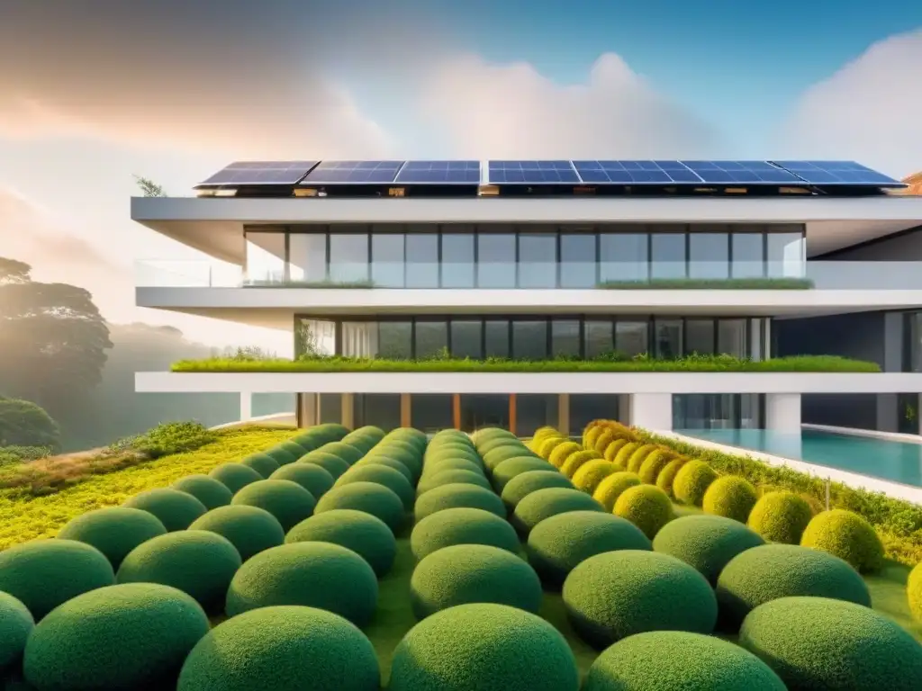 Edificio futurista eco-friendly en armonía con la naturaleza Edificación sostenible con impacto ambiental: Diseño futurista rodeado de naturaleza, paneles solares y techos verdes