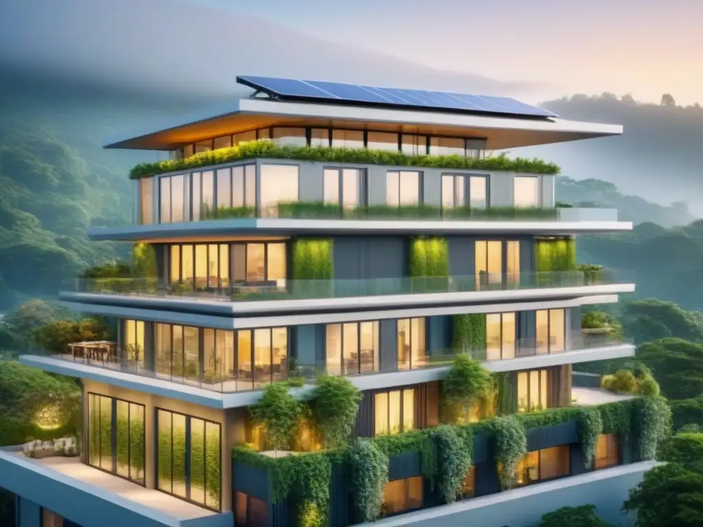 Edificio sostenible con paneles solares y jardines verdes Edificación sostenible impacto ambiental: moderno diseño con paneles solares en el techo, paredes verdes y sistema de recolección de agua pluvial