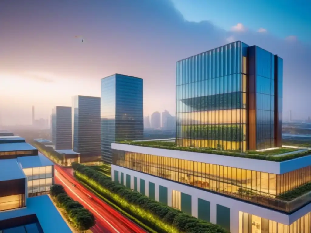 Oficina sostenible: luces y arquitectura eco en la ciudad Inversión sostenible mercado inmobiliario: Edificio futurista y ecológico iluminado al anochecer en una ciudad vibrante
