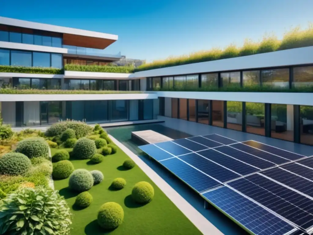 Edificio sostenible con diseño moderno y espacios verdes integrados Inversión sostenible en el mercado inmobiliario: Edificio moderno con diseño ecológico, jardines verdes y paneles solares