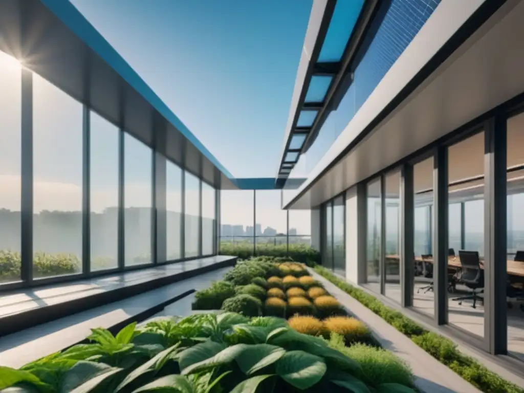 Oficina sostenible: innovación y productividad en arquitectura verde Inversión sostenible en el mercado inmobiliario: Oficina moderna rodeada de naturaleza, paneles solares y profesionales colaborando al aire libre