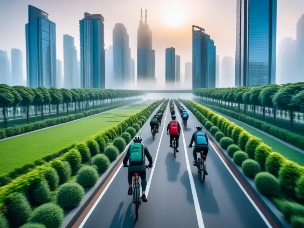 Metrópolis sostenible: Innovación y progreso urbano ecoamigable Inversión sostenible en el mercado inmobiliario: Ciudad moderna con rascacielos verdes, paneles solares y bicicletas eléctricas