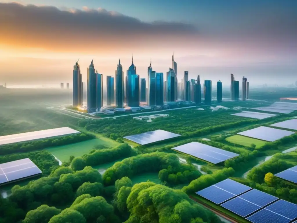 Cityscape sostenible: visión futurista en 8k Inversión sostenible mercado inmobiliario: Ciudad moderna con edificios futuristas integrados con espacios verdes y paneles solares