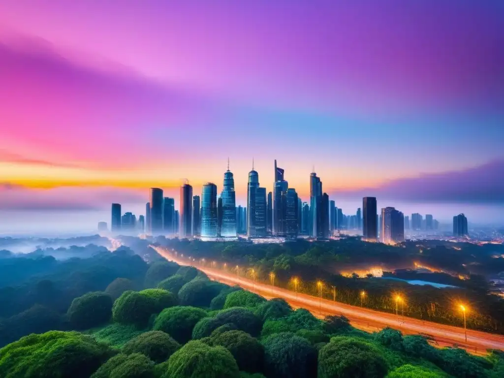 Horizonte urbano sostenible: luces LED brillantes iluminan rascacielos modernos entre vegetación exuberante al anochecer Inversión sostenible mercado inmobiliario: Ciudad moderna al anochecer, rascacielos iluminados con luces LED, entorno verde y cielo cálido
