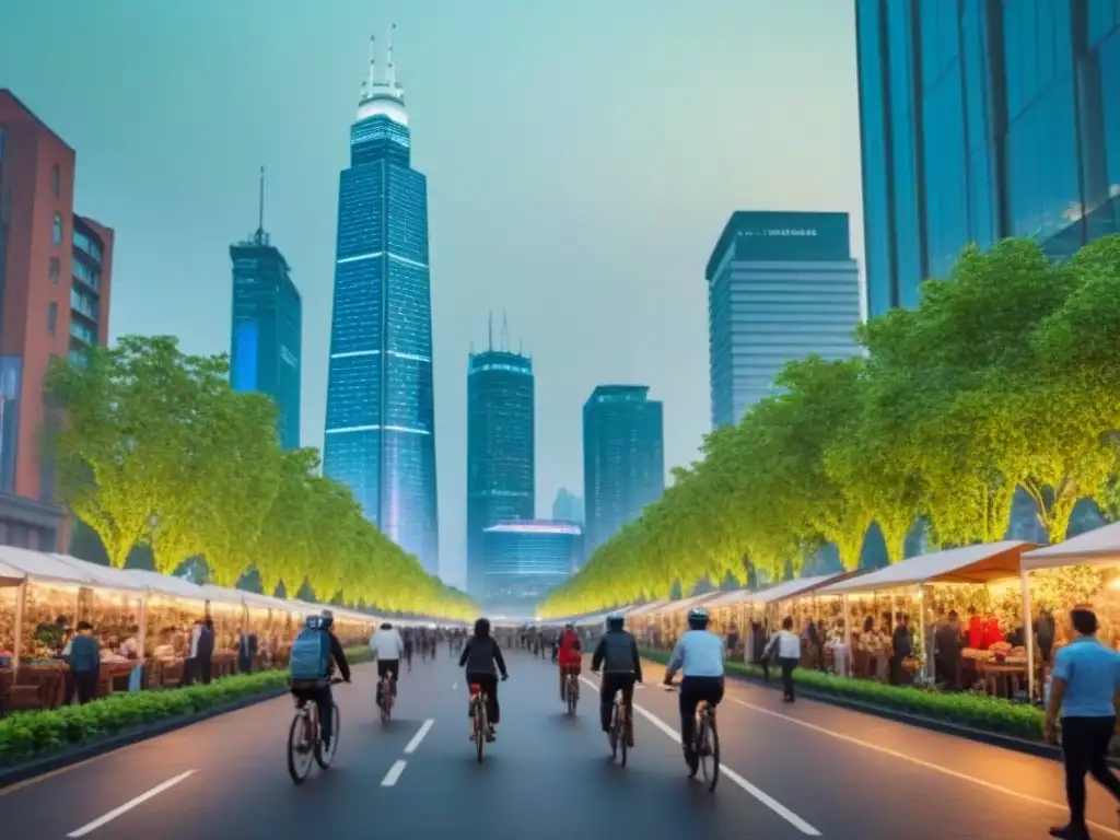 Metrópolis sostenible: luces, parque y armonía urbana Inversión sostenible en el mercado inmobiliario: Ciudad moderna y ecoamigable con rascacielos iluminados y parque verde animado al atardecer