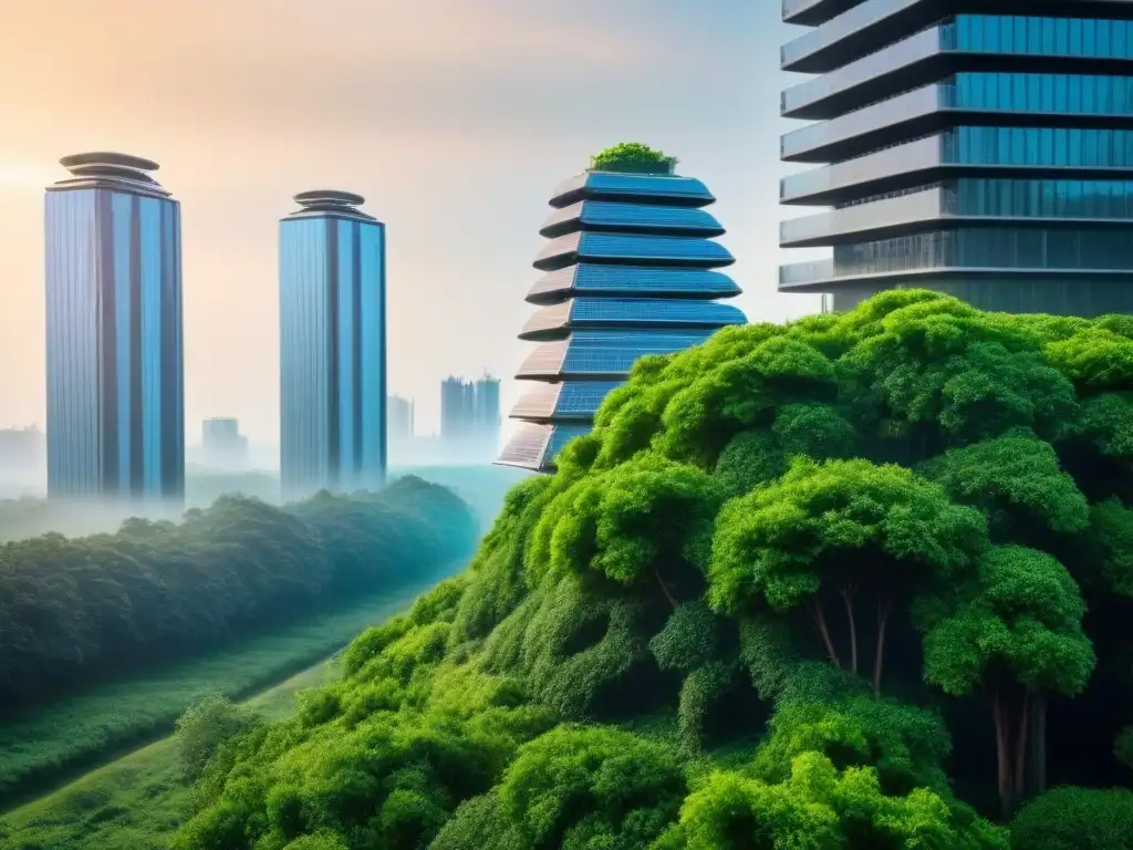 Rascacielos ecológico: armonía entre naturaleza y arquitectura moderna Inversión sostenible en el mercado inmobiliario: rascacielos futurista integrado con la naturaleza y tecnología verde