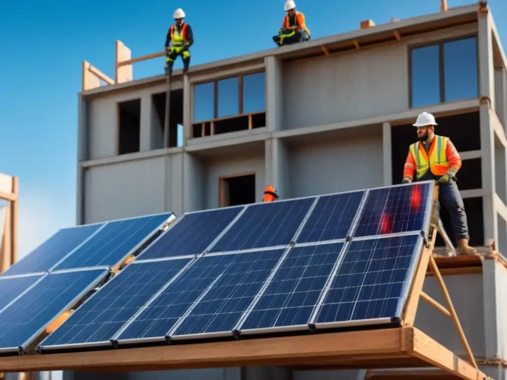 Construcción sostenible: trabajadores en equipo creando un futuro brillante Construcción sostenible con paneles solares, azoteas verdes y trabajadores en equipo