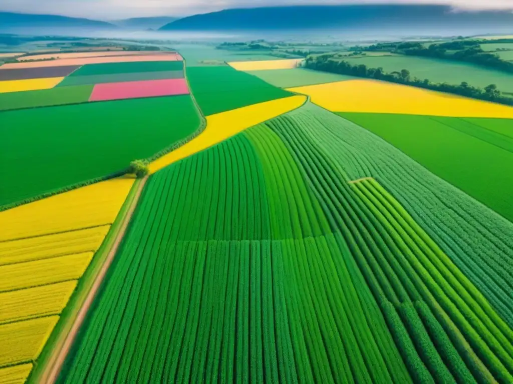 Vista aérea de paisaje agrícola sostenible y armonioso Inversión sostenible en tierras agrícolas: Paisaje agrícola exuberante con campos verdes, ríos serpenteantes y cultivos coloridos en hileras