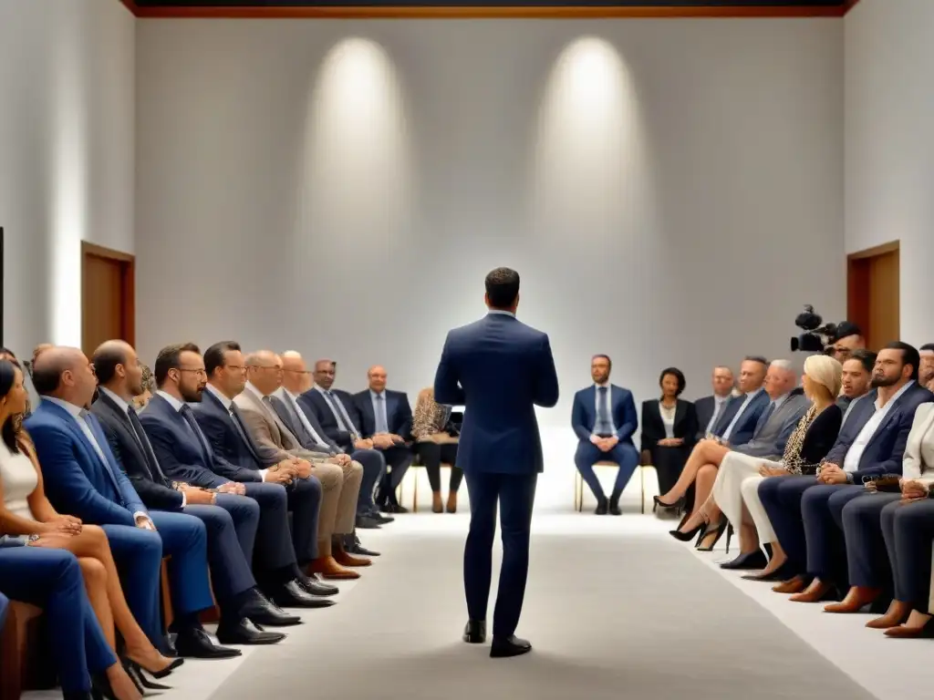 Subasta de lujo: pujas elegantes en moderna sala Subasta inmobiliaria de lujo con tendencias económicas, elegancia y emoción en la sala de subastas moderna
