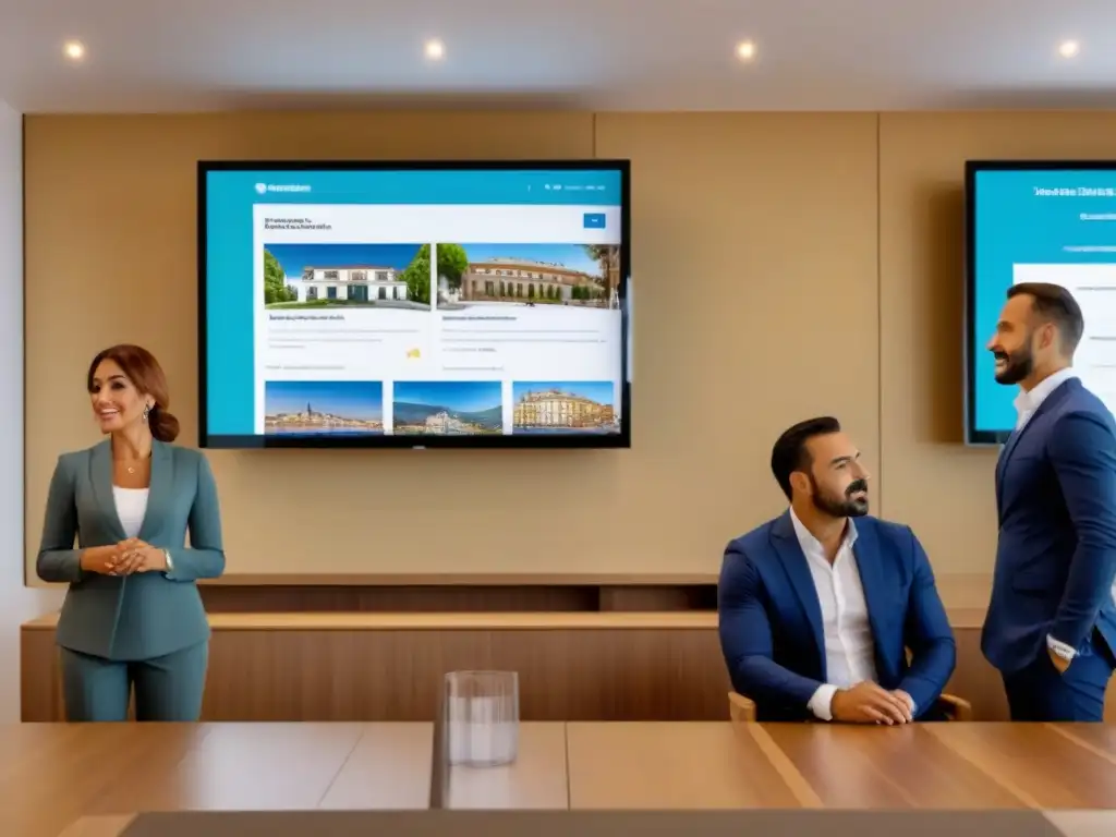 Subasta inmobiliaria: profesionales diversos en acción Subasta inmobiliaria en España: Profesionales diversos pujan en una sala moderna con regulaciones subastas inmobiliarias España
