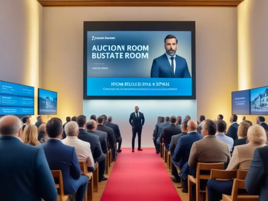 Subasta inmobiliaria en España: Sala elegante con tecnología moderna Subasta inmobiliaria en España: sala llena de compradores atentos a la subasta, tecnología moderna y arquitectura tradicional