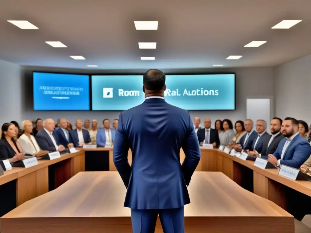 Subasta Inmobiliaria: Emoción y Competencia en Vivo Subasta inmobiliaria en vivo: sala elegante llena de ofertantes, pujas y emoción