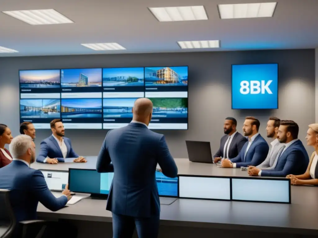 Subasta inmobiliaria de lujo: profesionales en acción Subastas inmobiliarias lucrativas estrategias en una oficina moderna con profesionales y una subasta animada
