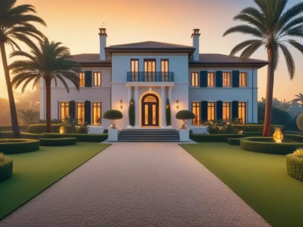 Subastas de propiedades de lujo: Majestuosa mansión en subasta con elegantes pujadores y detalles arquitectónicos