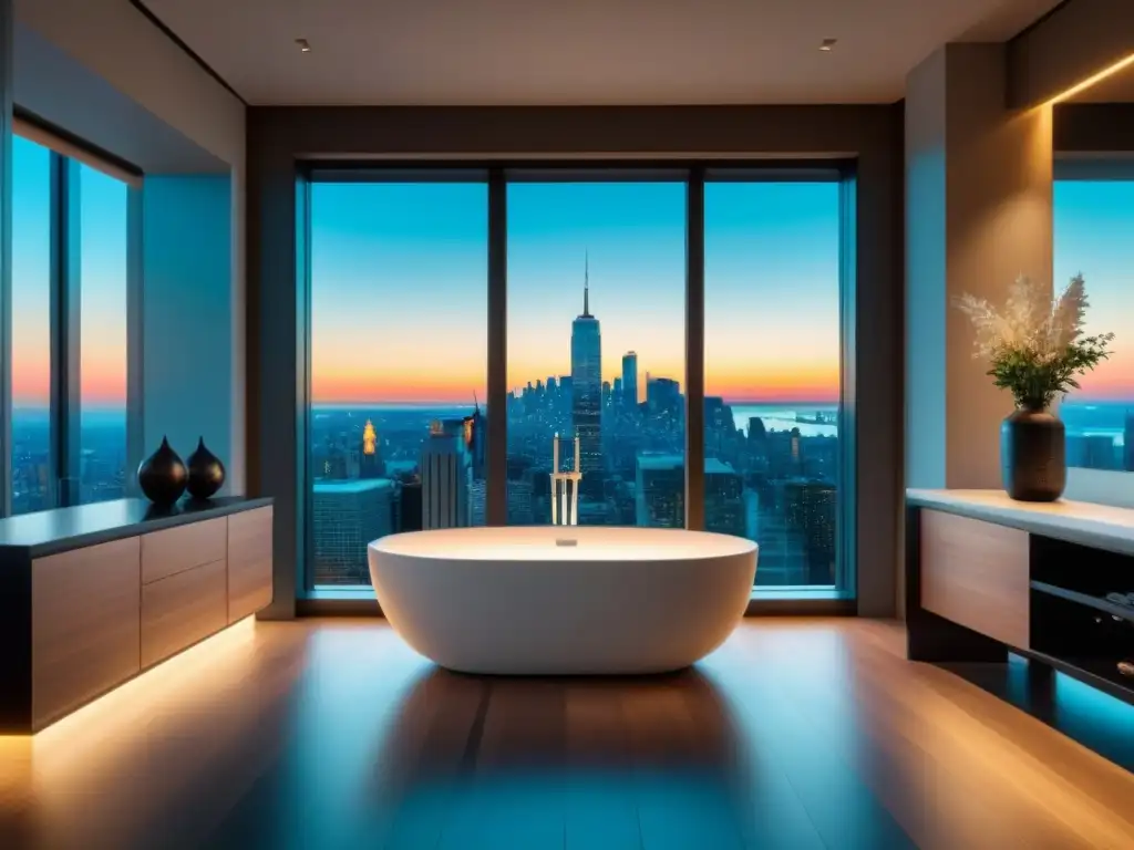 Subastas de propiedades de lujo: Un penthouse moderno y lujoso con vistas urbanas y elegante decoración