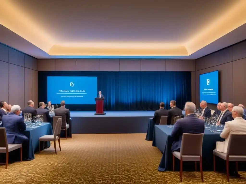 Subastas de propiedades de lujo: Sala de subastas lujosa y moderna, con postores elegantes y propiedades exclusivas en pantalla