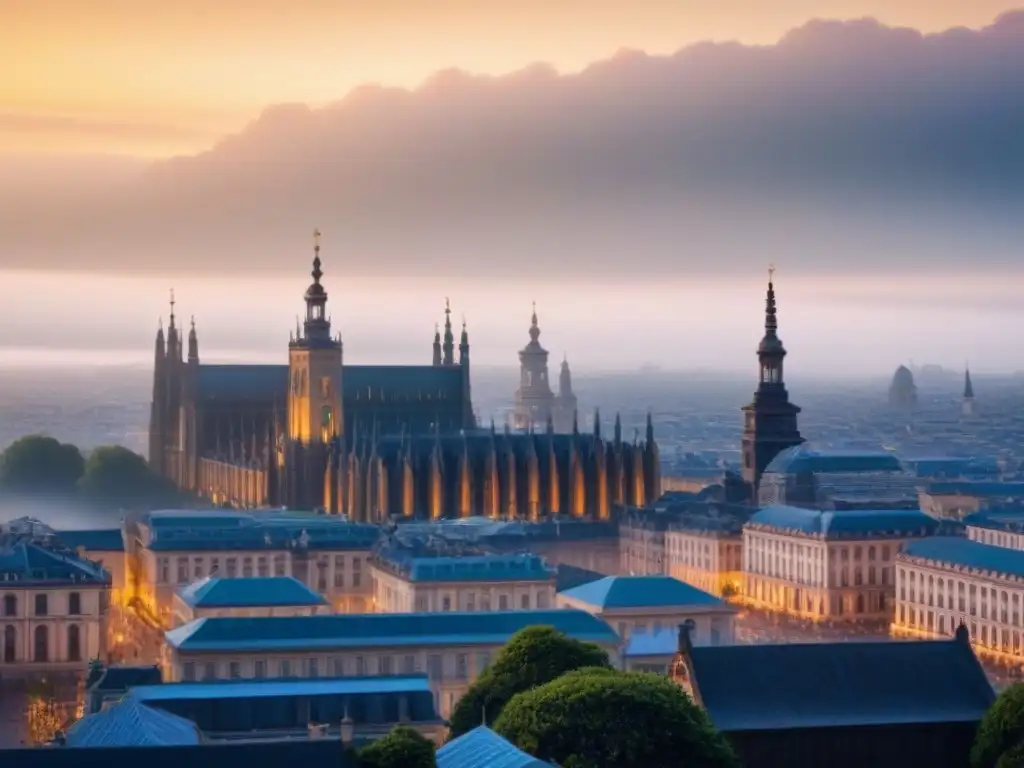 Cityscape futurista: fusión de historia y modernidad en 8k Subvenciones restauración inmobiliaria conservación: fusión arquitectónica futurista con historia en la ciudad al atardecer