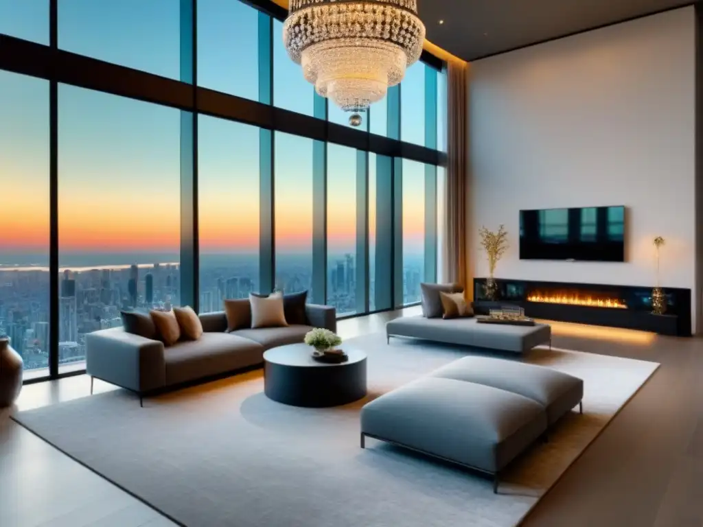 Salón de lujo en penthouse con vista panorámica Suntuoso salón de lujo en ático: diseño y decoración propiedades lujo
