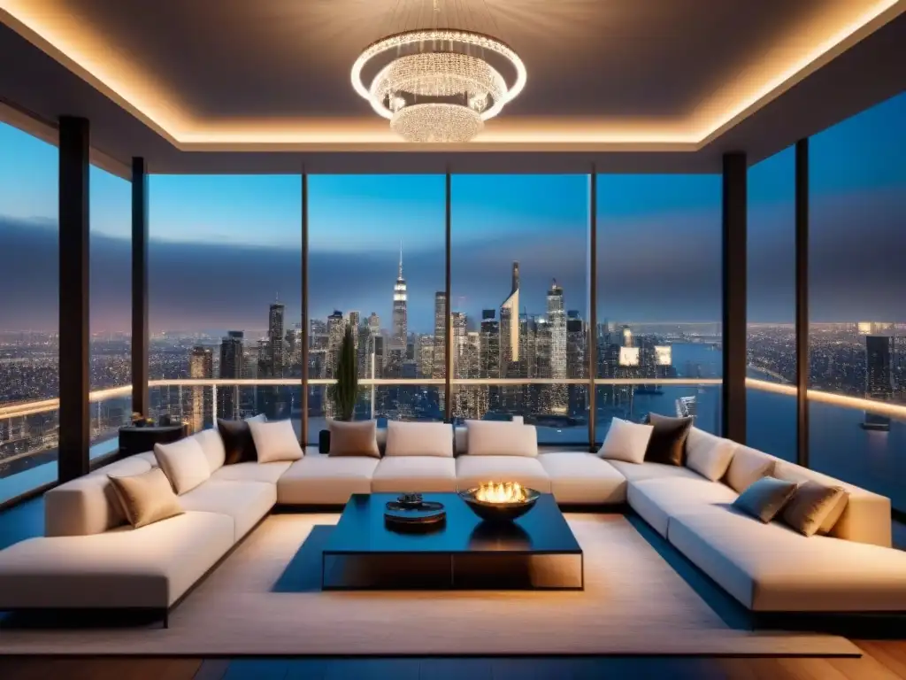 Salón penthouse de lujo con vista nocturna a la ciudad Suntuoso salón penthouse de lujo con vista nocturna a la ciudad para Networking para profesionales inmobiliarios lujo