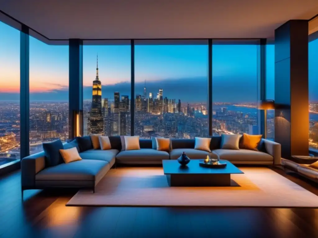 Penthouse de lujo con vista panorámica nocturna de la ciudad Suntuoso salón de penthouse moderno con vista nocturna de ciudad